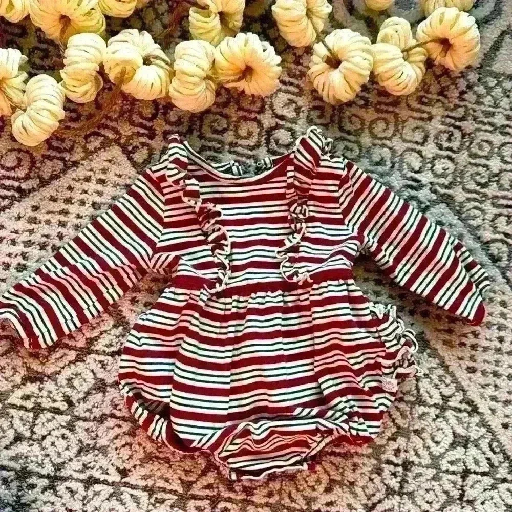 Ruffle Butts one piece romper burgundy and pine green stripes size 3-6m